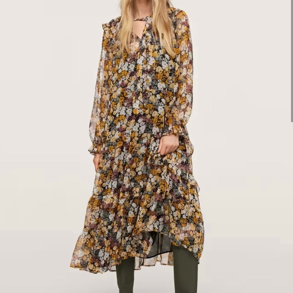 NWT Mango Chiffon Floral Print Long Sleeve Maxi Dress Size Small S